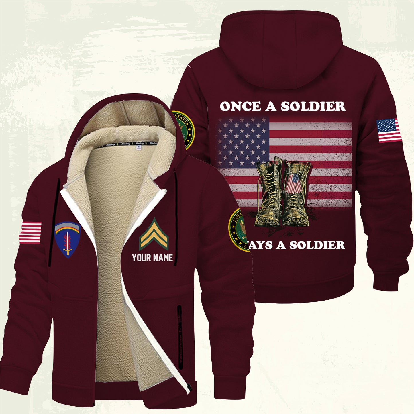 Army Division - Personalized US Soldier/ Veteran With Name And Rank Hoodie Zip Velvet Coat - 17362944
