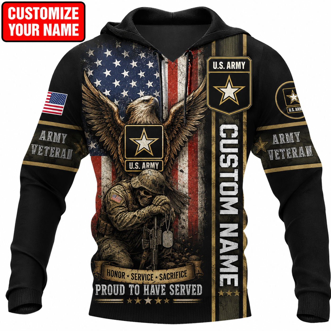 U.S. Army Personalized Name  Veteran Service All Over Print Hoodie - 1779037203