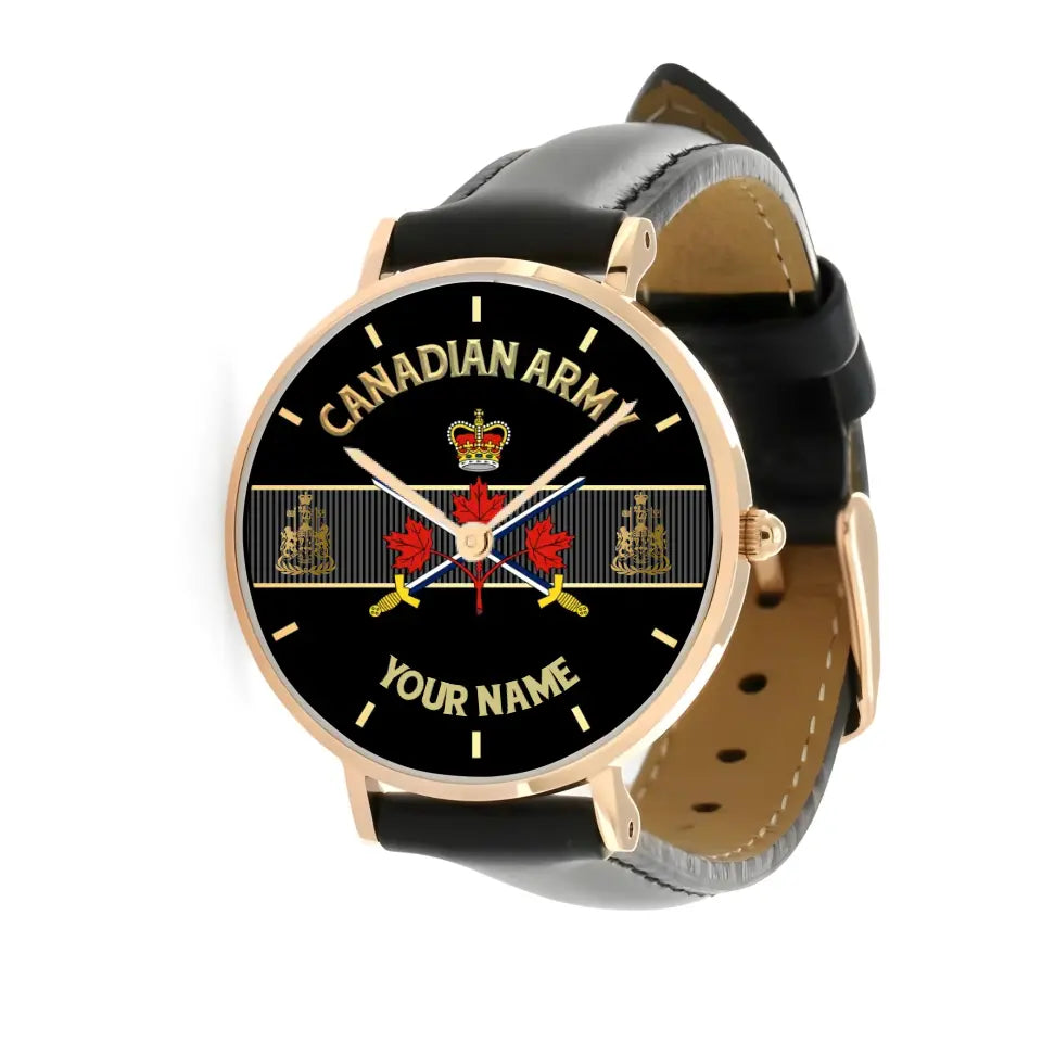 Personalized Canada Soldier/ Veteran With Name And Rank Black Stitched Leather Watch - 17097696 - Gold Version