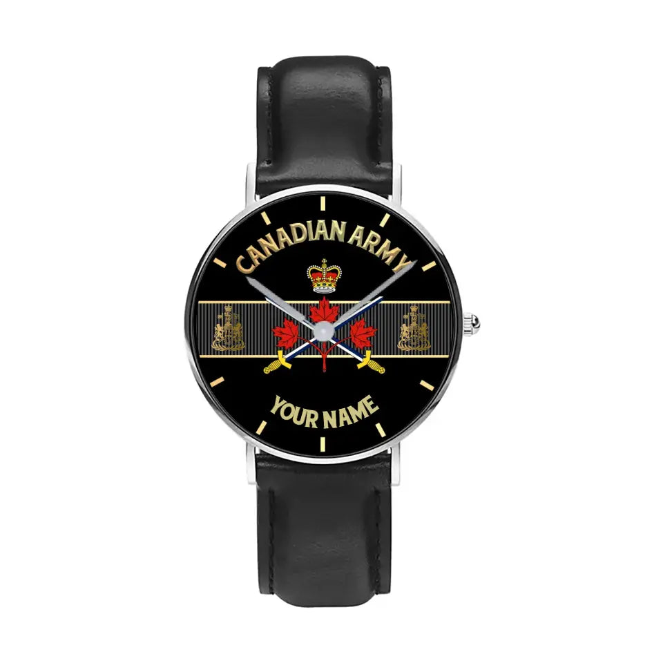 Personalized Canada Soldier/ Veteran With Name And Rank Black Stitched Leather Watch - 17097696 - Gold Version