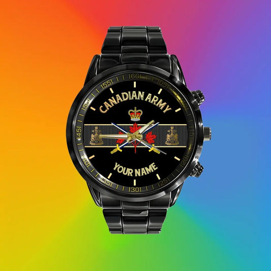 Personalized Canada Soldier/ Veteran With Name And Rank Black Stainless Steel Watch - 17097696- Gold Version