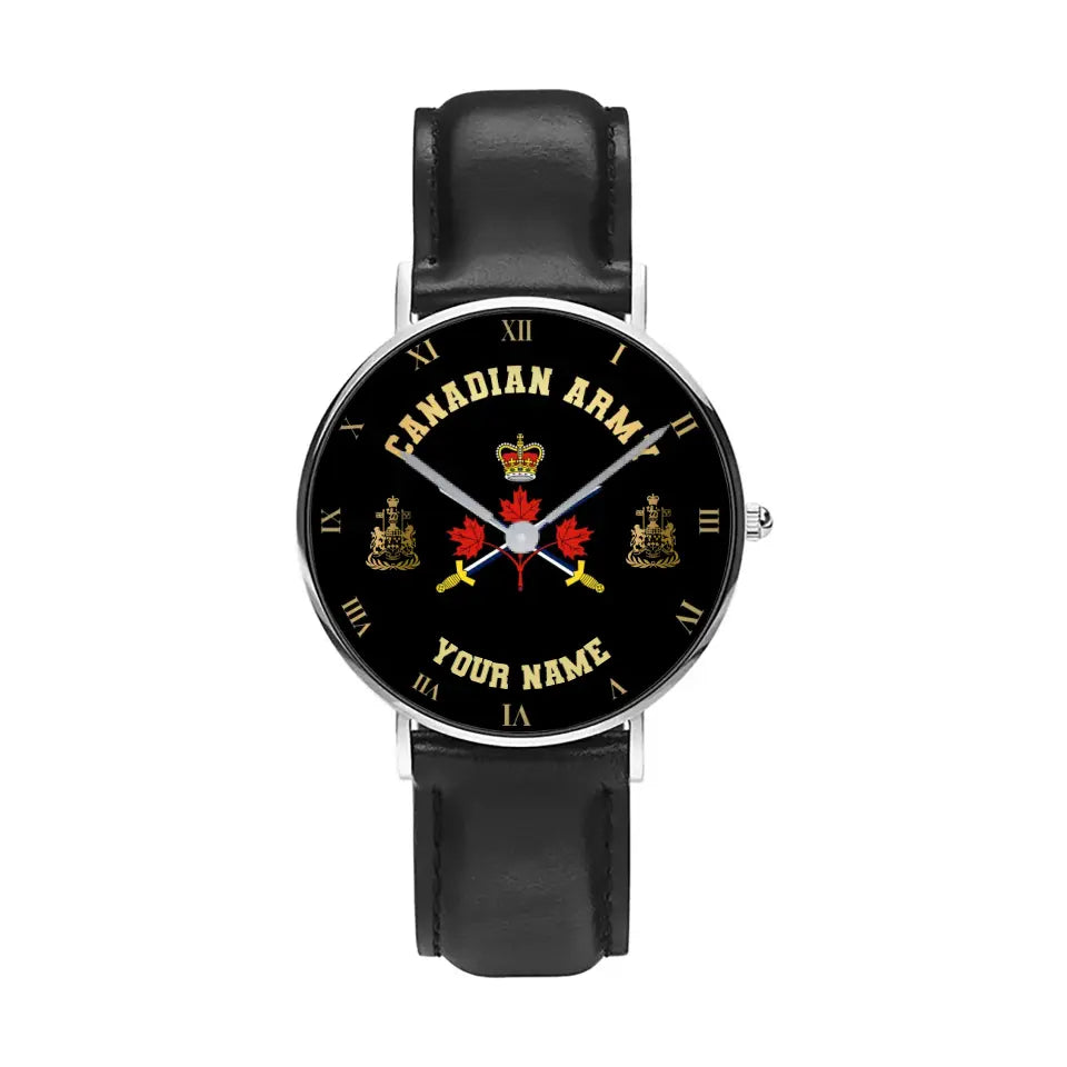 Personalized Canada Soldier/ Veteran With Name And Rank Black Stitched Leather Watch - 17098560  - Gold Version