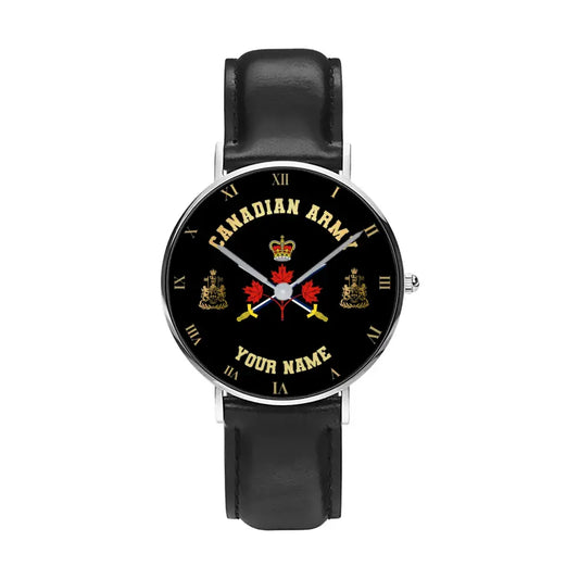 Personalized Canada Soldier/ Veteran With Name And Rank Black Stitched Leather Watch - 17098560  - Gold Version