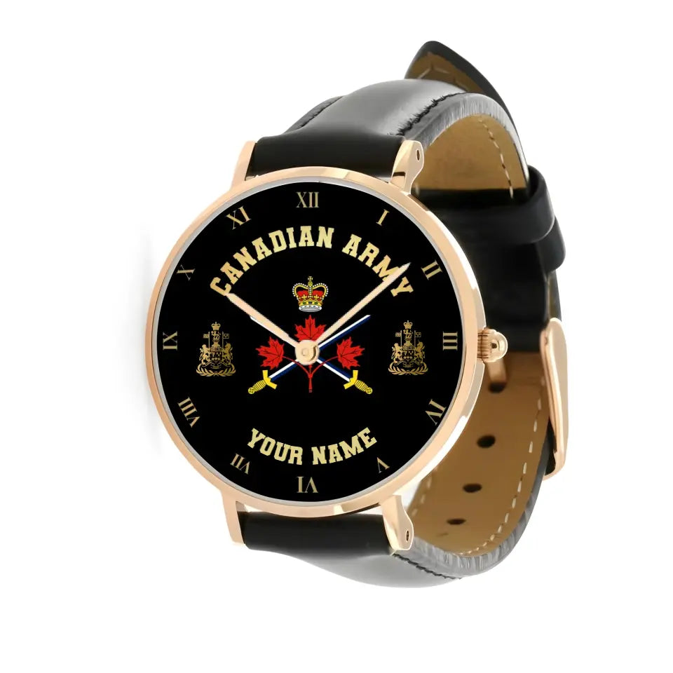 Personalized Canada Soldier/ Veteran With Name And Rank Black Stitched Leather Watch - 17098560  - Gold Version