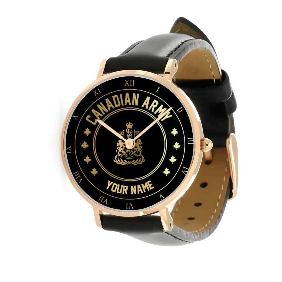 Personalized Canada Soldier/ Veteran With Name And Rank Black Stitched Leather Watch - 1709856001 - Gold Version