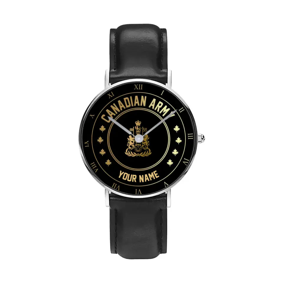 Personalized Canada Soldier/ Veteran With Name And Rank Black Stitched Leather Watch - 1709856001 - Gold Version