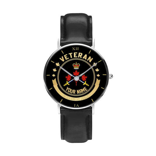 Personalized Canadian Soldier/ Veteran With Name Black Stitched Leather Watch - 1710115201 - Gold Version