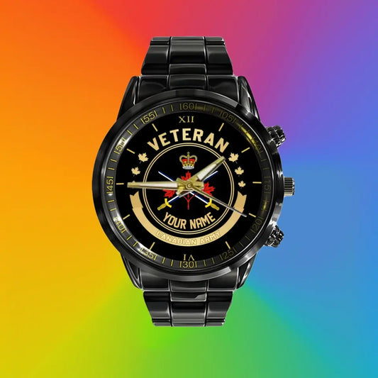 Personalized Canada Soldier/ Veteran With Name Black Stainless Steel Watch - 17101152 - Gold Version