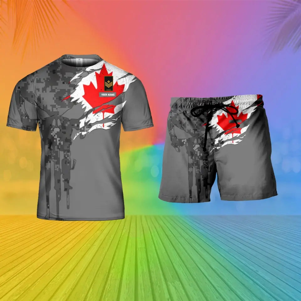 Personalized Canada Soldier/ Veteran Camo With Name And Rank Combo T-Shirt + Short 3D Printed