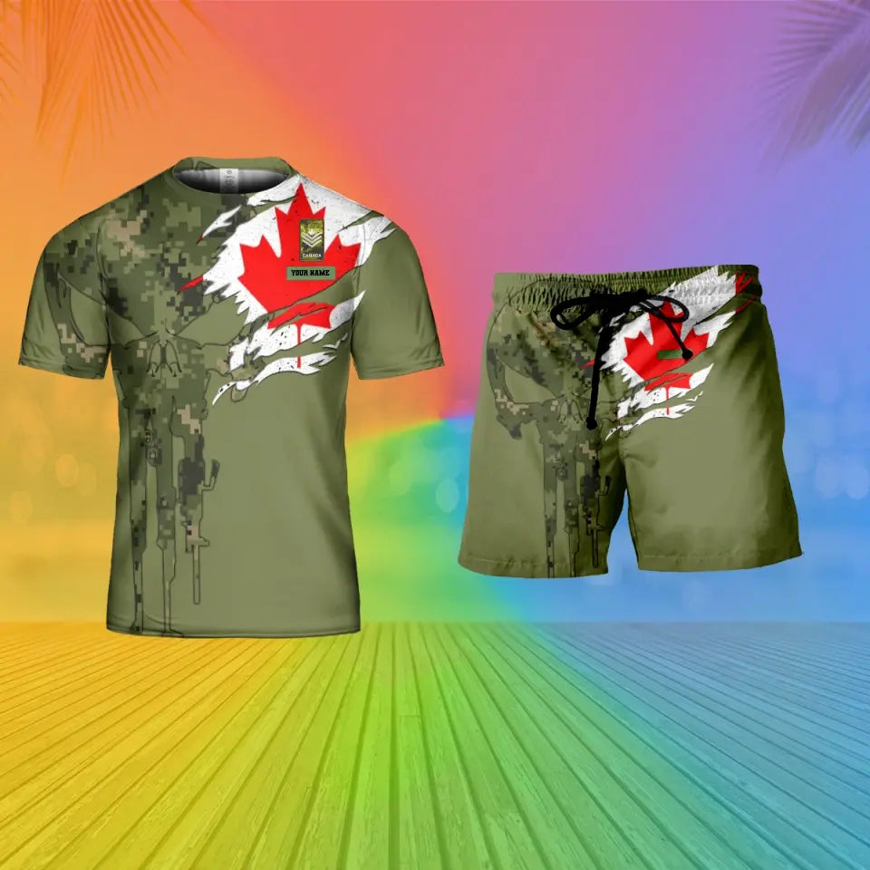 Personalized Canada Soldier/ Veteran Camo With Name And Rank Combo T-Shirt + Short 3D Printed