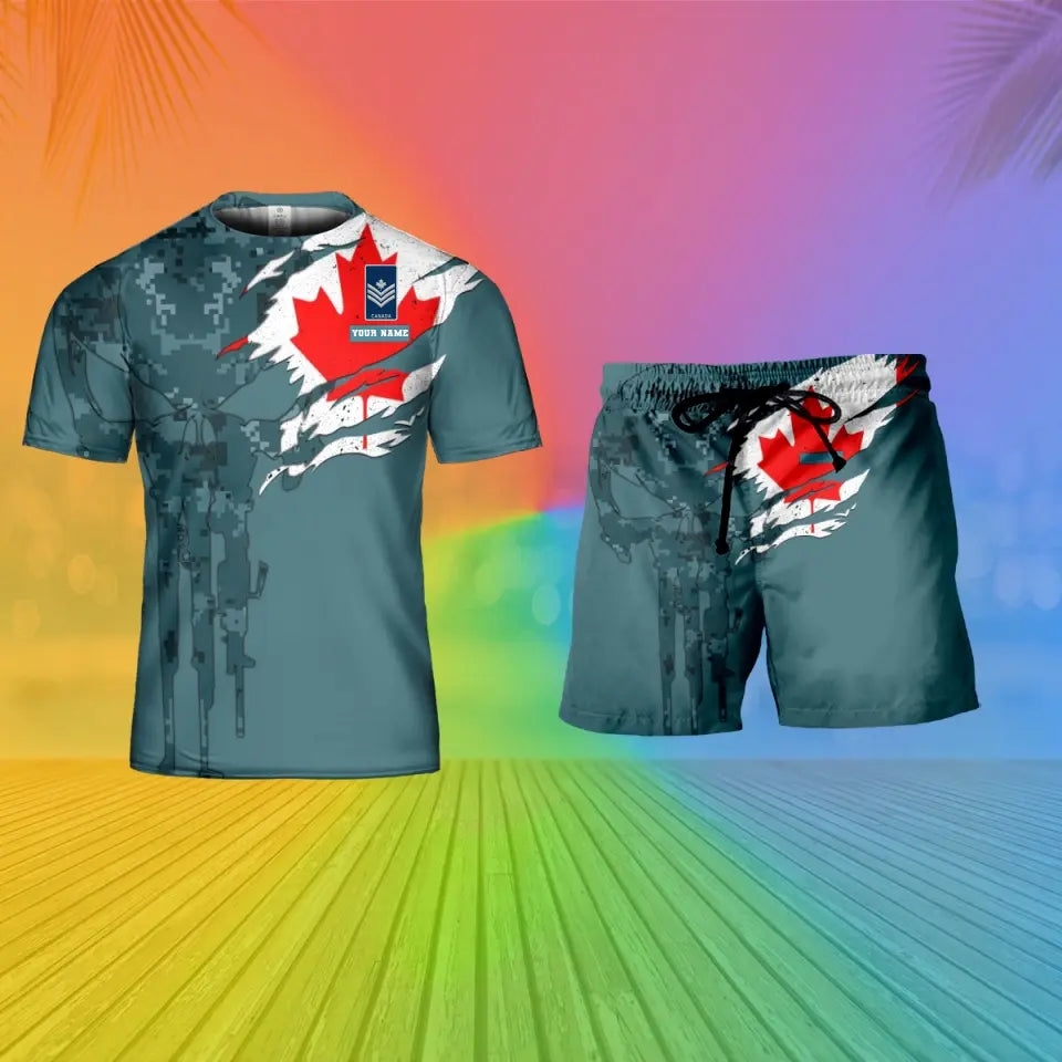 Personalized Canada Soldier/ Veteran Camo With Name And Rank Combo T-Shirt + Short 3D Printed