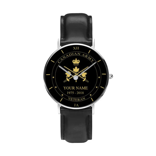 Personalized Canadian Soldier/ Veteran With Name And Year Black Stitched Leather Watch - 17105472 - Gold Version