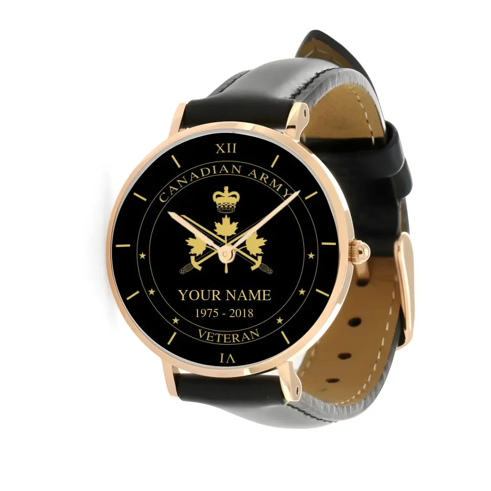 Personalized Canadian Soldier/ Veteran With Name And Year Black Stitched Leather Watch - 17105472 - Gold Version