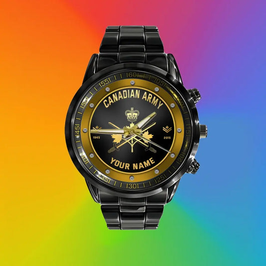 Personalized Canada Soldier/ Veteran With Name, Rank And Year Black Stainless Steel Watch - 17107200 - Gold Version