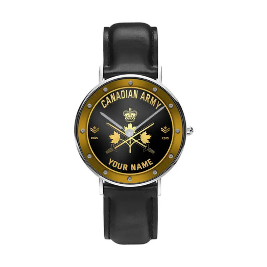 Personalized Canadian Soldier/ Veteran With Name, Rank And Year Black Stitched Leather Watch - 17107200 - Gold Version