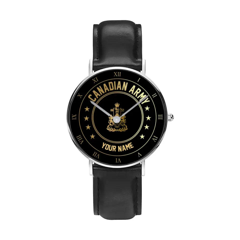 Personalized Canada Soldier/ Veteran With Name And Rank Black Stitched Leather Watch - 17108928 - Gold Version