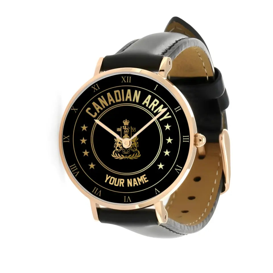 Personalized Canada Soldier/ Veteran With Name And Rank Black Stitched Leather Watch - 17108928 - Gold Version