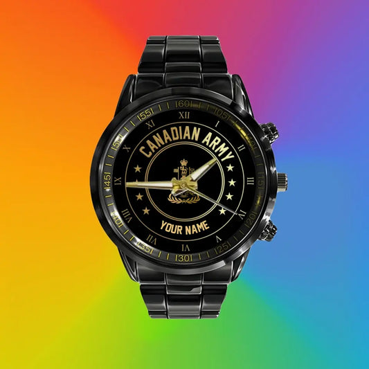 Personalized Canadian Soldier/ Veteran With Name And Rank Black Stainless Steel Watch - 17108928- Gold Version