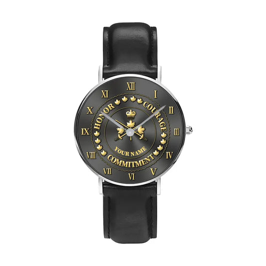 Personalized Canadian Soldier/ Veteran With Name Black Stitched Leather Watch - 17110656 - Gold Version