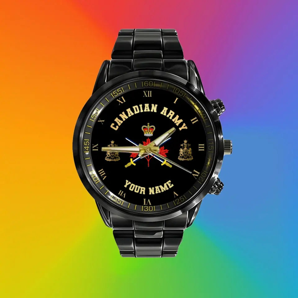 Personalized Canadian Soldier/ Veteran With Name And Rank Black Stainless Steel Watch - 17098560- Gold Version