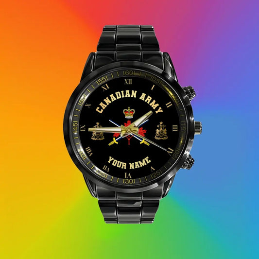 Personalized Canadian Soldier/ Veteran With Name And Rank Black Stainless Steel Watch - 17098560- Gold Version