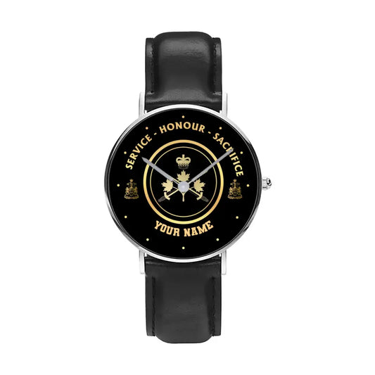 Personalized Canadian Soldier/ Veteran With Name, Rank Black Stitched Leather Watch - 17114112- Gold Version