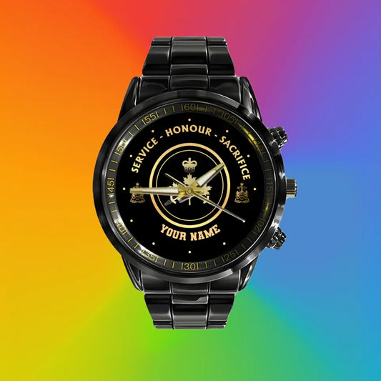 Personalized Canadian Soldier/ Veteran With Name And Rank Black Stainless Steel Watch - 17114112- Gold Version