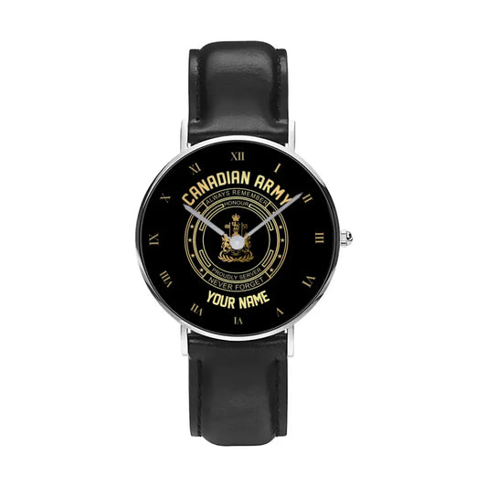 Personalized Canadian Soldier/ Veteran With Name, Rank Black Stitched Leather Watch - 17115840 - Gold Version