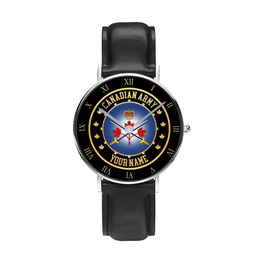 Personalized Canada Soldier/ Veteran With Name Black Stitched Leather Watch - 17122752 - Gold Version