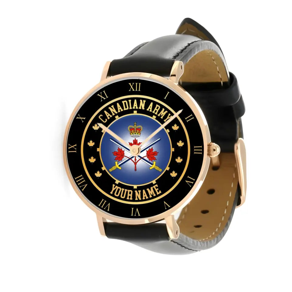 Personalized Canada Soldier/ Veteran With Name Black Stitched Leather Watch - 17122752 - Gold Version