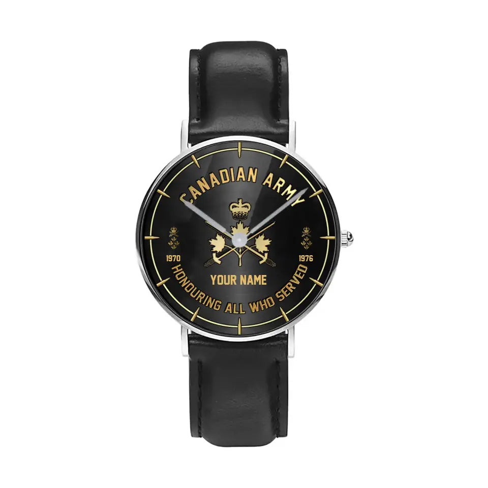 Personalized Canada Soldier/ Veteran With Name, Rank and Year Black Stitched Leather Watch - 17140896 - Gold Version