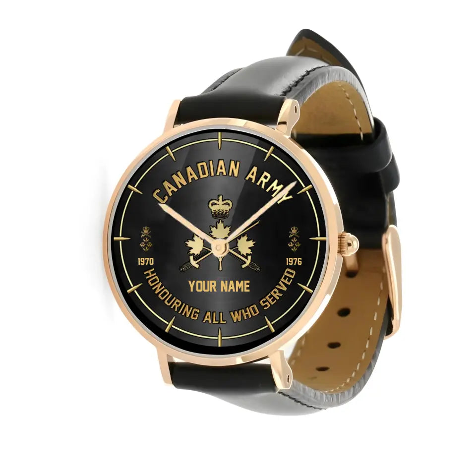 Personalized Canada Soldier/ Veteran With Name, Rank and Year Black Stitched Leather Watch - 17140896 - Gold Version