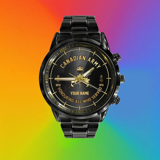 Personalized Canada Soldier/ Veteran With Name, Rank and Year Black Stainless Steel Watch - 17140896- Gold Version