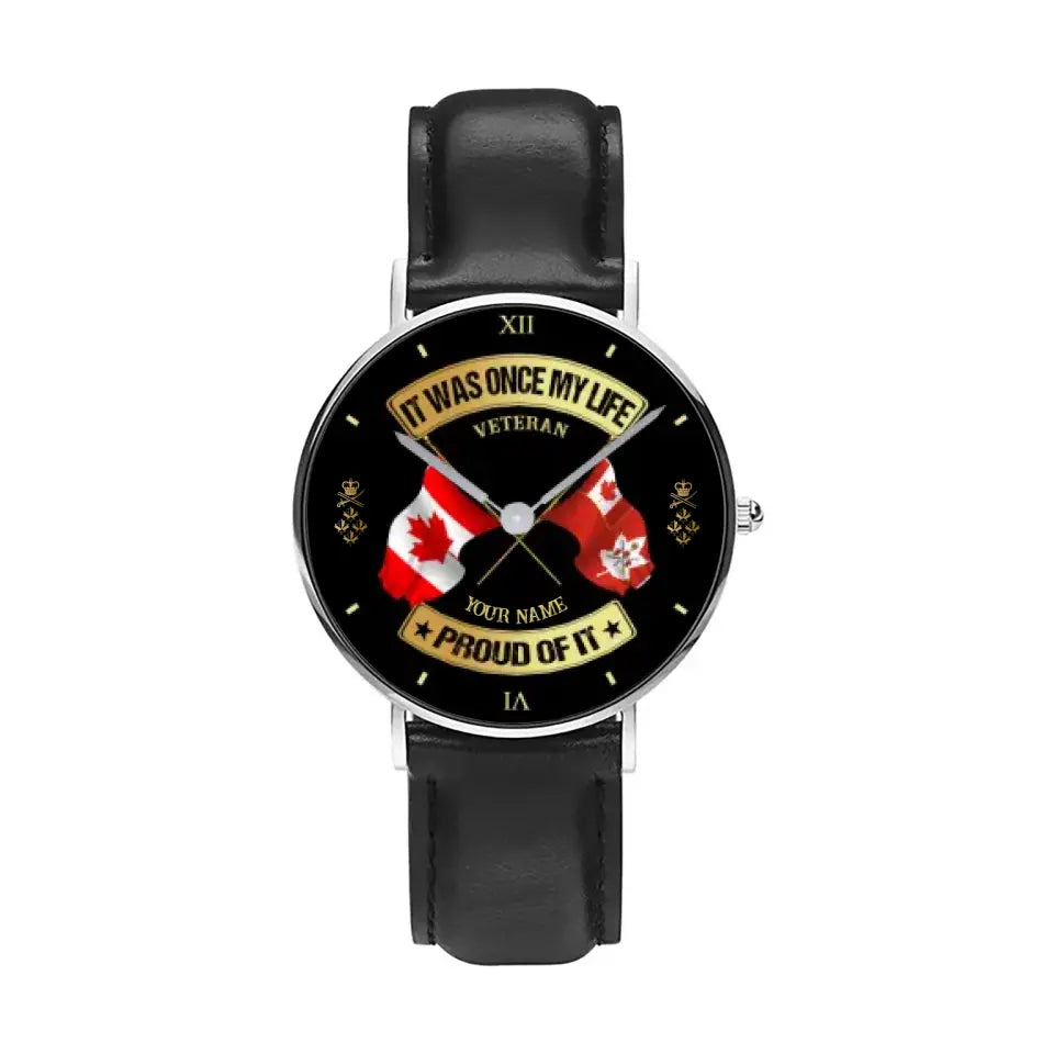 Personalized Canada Soldier/ Veteran With Name and Rank Black Stitched Leather Watch - 17146944- Gold Version