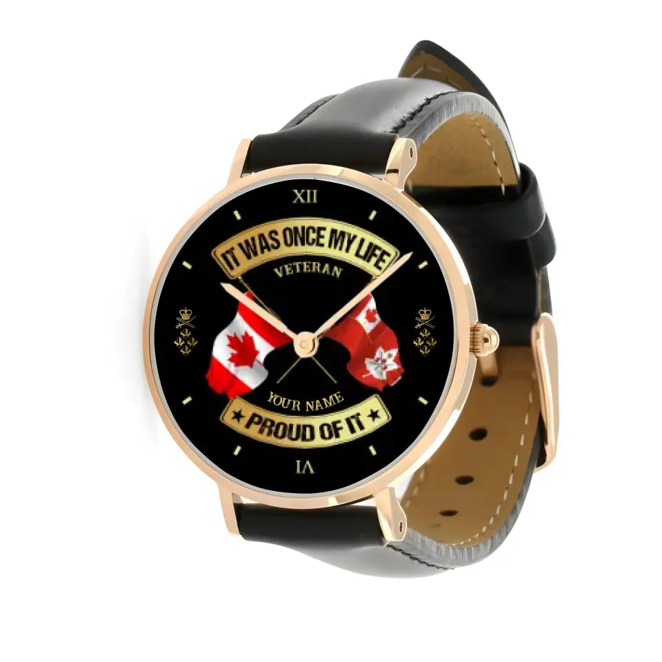 Personalized Canada Soldier/ Veteran With Name and Rank Black Stitched Leather Watch - 17146944- Gold Version