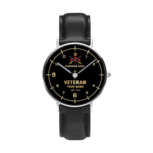 Personalized Canada Soldier/ Veteran With Name, Rank and Year Black Stitched Leather Watch - 1714694401 - Gold Version