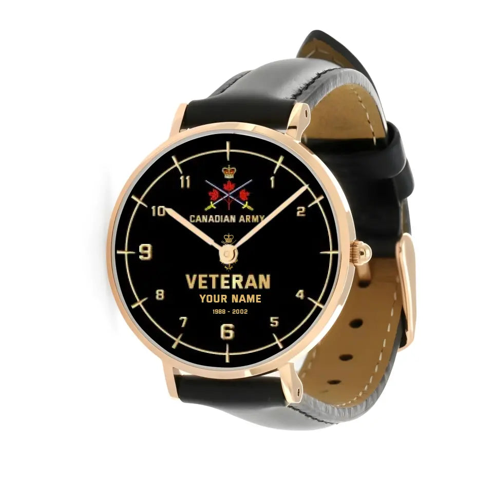 Personalized Canada Soldier/ Veteran With Name, Rank and Year Black Stitched Leather Watch - 1714694401 - Gold Version