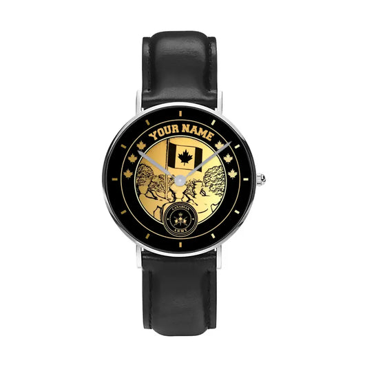 Personalized Canada Soldier/ Veteran With Name Black Stitched Leather Watch - 1714780801 - Gold Version