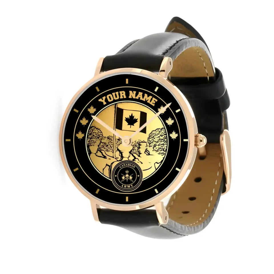 Personalized Canada Soldier/ Veteran With Name Black Stitched Leather Watch - 1714780801 - Gold Version