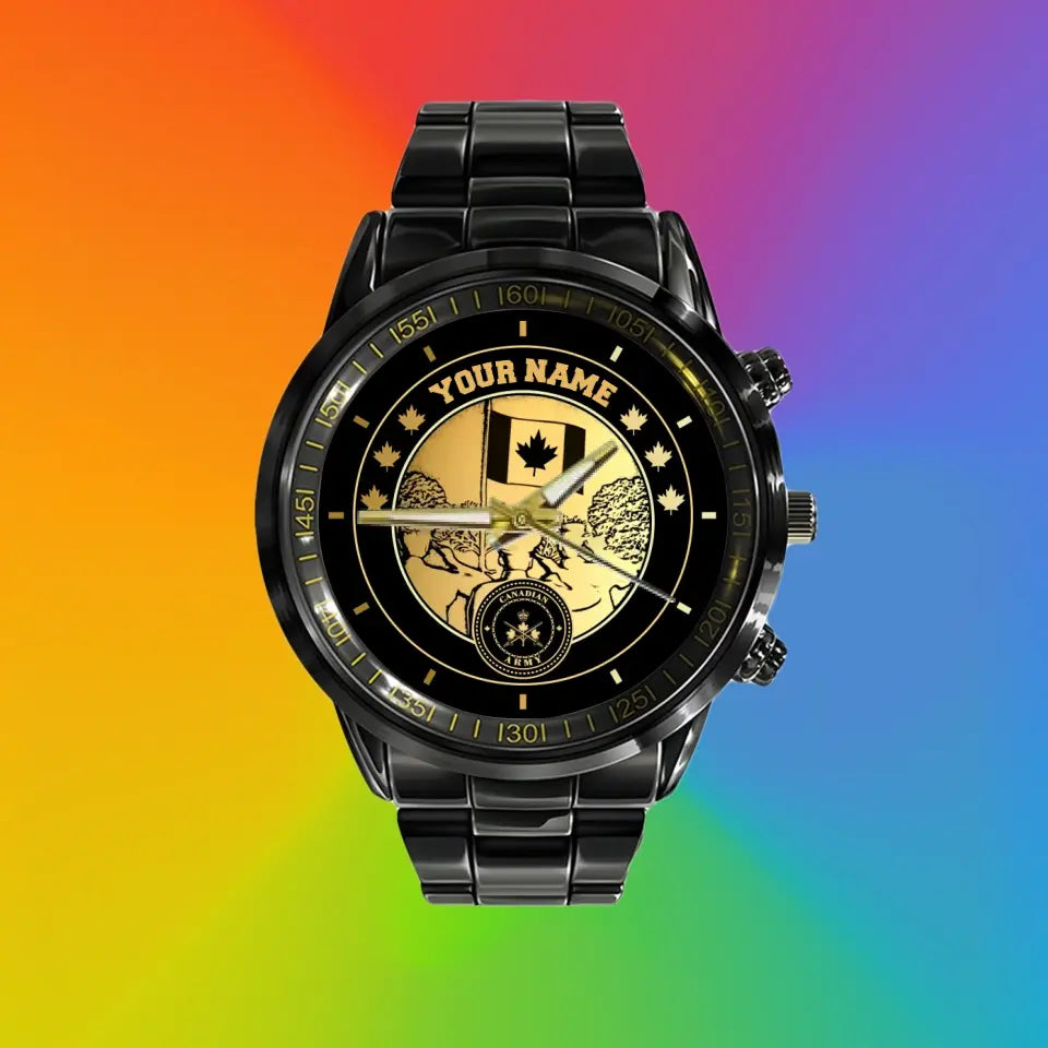 Personalized Canada Soldier/ Veteran With Name Black Stainless Steel Watch - 1714694401 - Gold Version