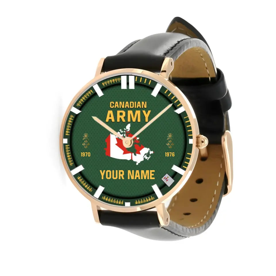 Personalized Canada Soldier/ Veteran With Name, Rank and Year Black Stitched Leather Watch - 1718582401 - Gold Version