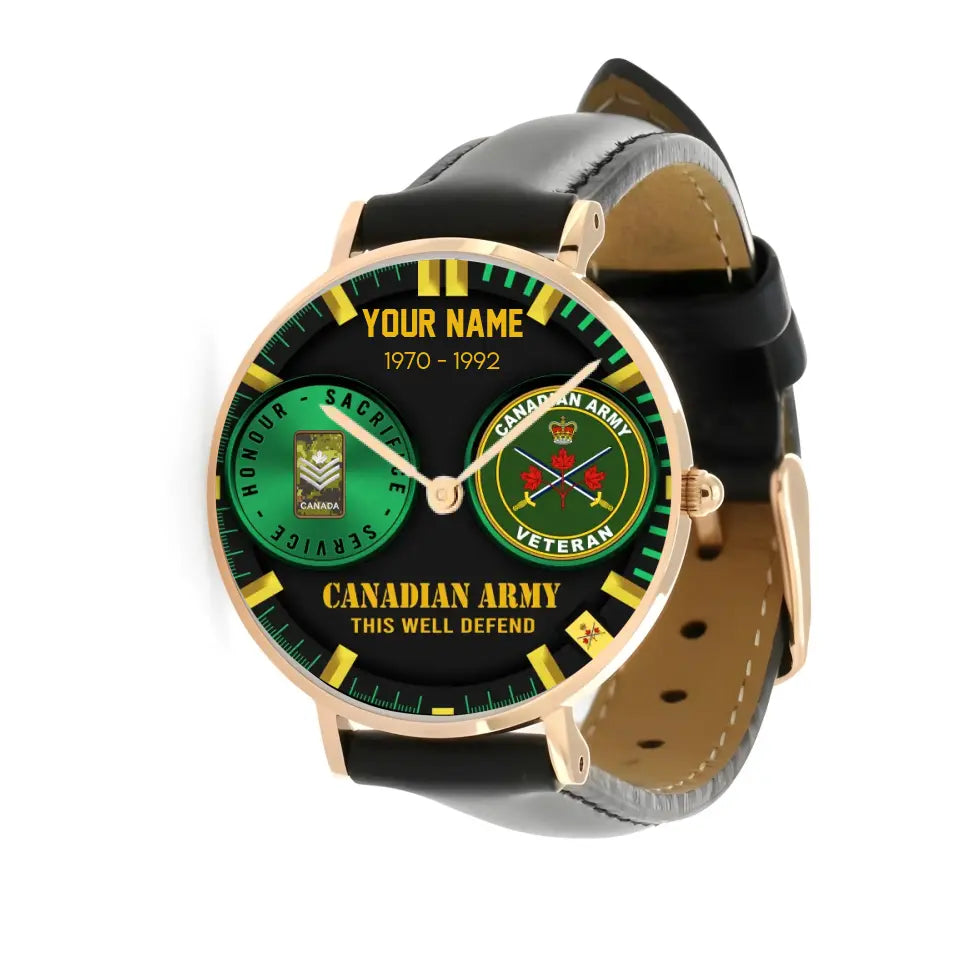 Personalized Canada Soldier/ Veteran With Name, Rank and Year Black Stitched Leather Watch - 1718668801 - Gold Version