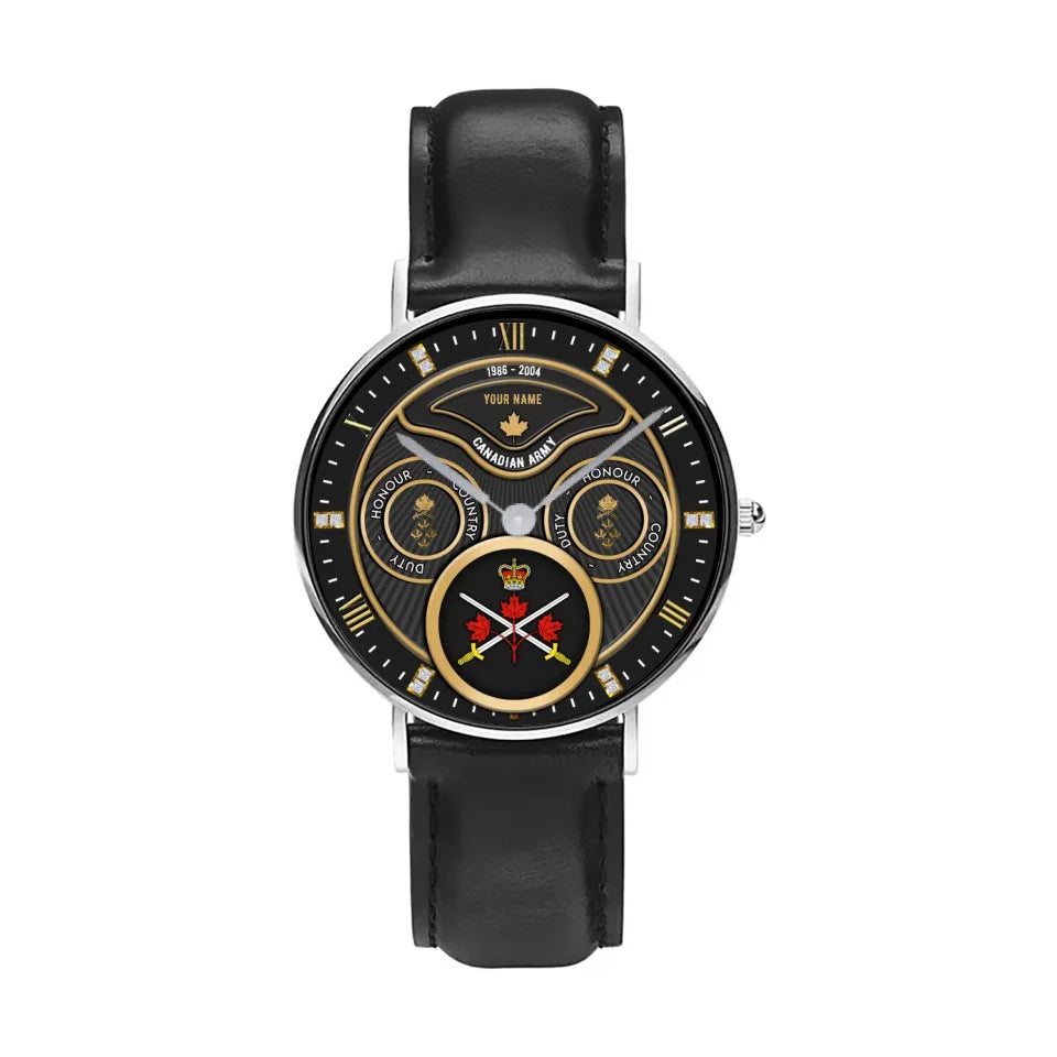 Personalized Canada Soldier/ Veteran With Name, Rank and Year Black Stitched Leather Watch - 17286660 - Gold Version