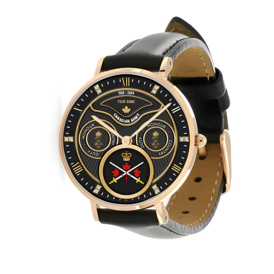 Personalized Canada Soldier/ Veteran With Name, Rank and Year Black Stitched Leather Watch - 17286660 - Gold Version