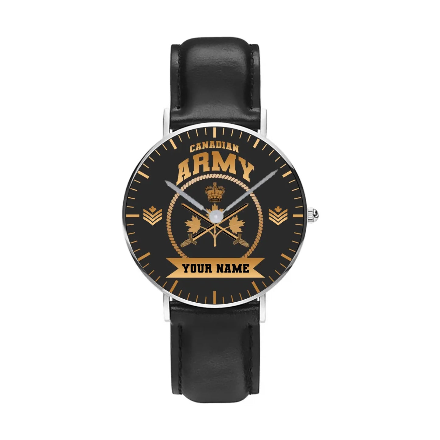 Personalized Canada Soldier/ Veteran With Name, Rank and Black Stitched Leather Watch - 17424288 - Gold Version