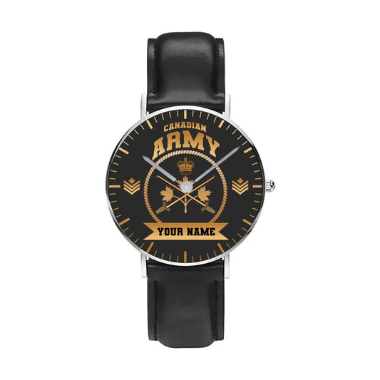 Personalized Canada Soldier/ Veteran With Name, Rank and Black Stitched Leather Watch - 17424288 - Gold Version