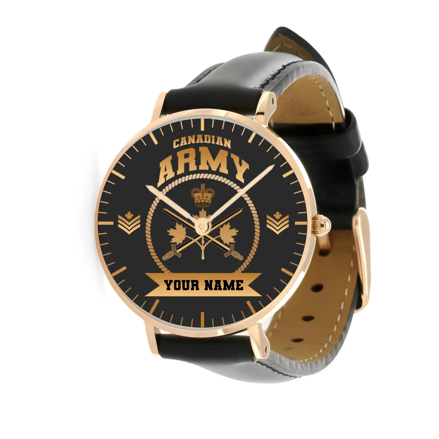 Personalized Canada Soldier/ Veteran With Name, Rank and Black Stitched Leather Watch - 17424288 - Gold Version
