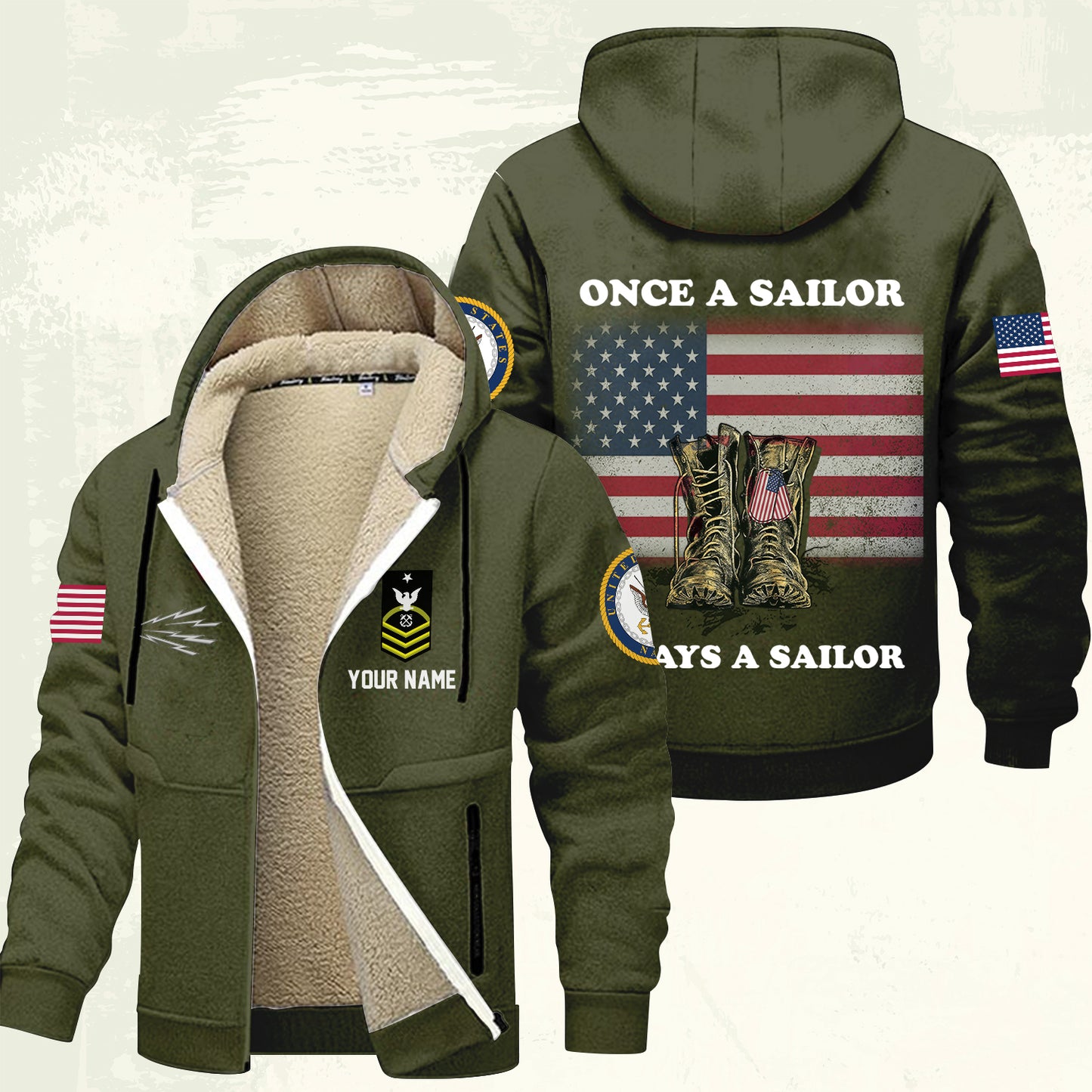 Navy Rating - Personalized US Soldier/ Veteran With Name And Rank Hoodie Zip Velvet Coat - 17362944