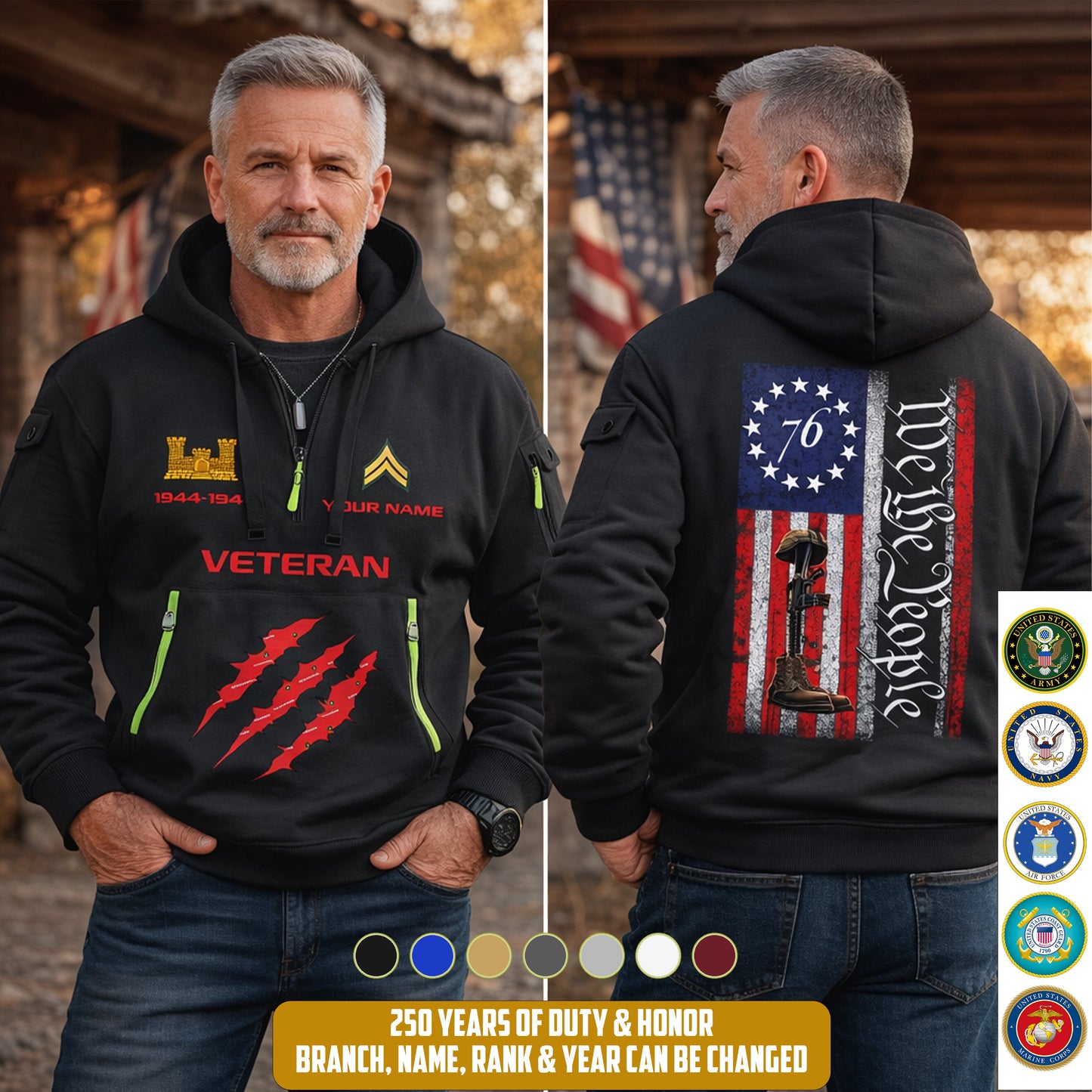 Army Branch - Personalized We The People 250th USA Zip Hoodie Multicolor – Custom Military Branch, 1776–2026, Custom Name - 17690400