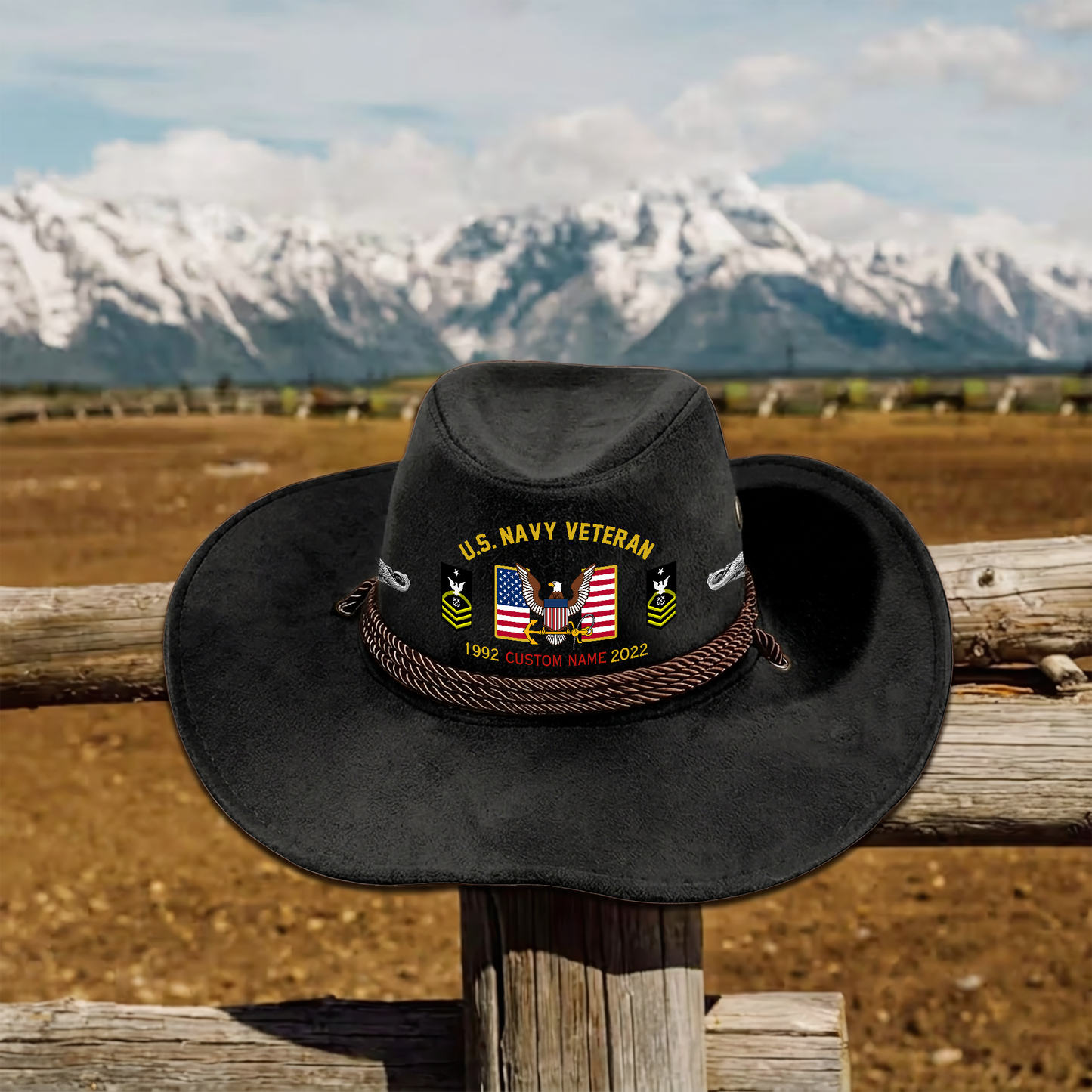Navy Badge - Personalized US Soldier/ Veteran With Rank, Name and Year Cowboy Hat - 1775606402